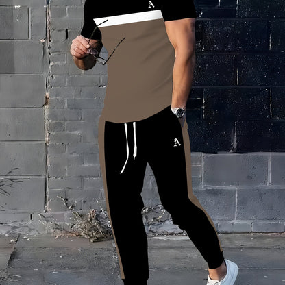 Men'S Polyester Sportswear | Elegant Casual Crew Neck | Slightly Stretchy Knit with Striped 3D Print | Regular Fit Two-Piece Set | Patterned Short Sleeve T-Shirt and Long Pants