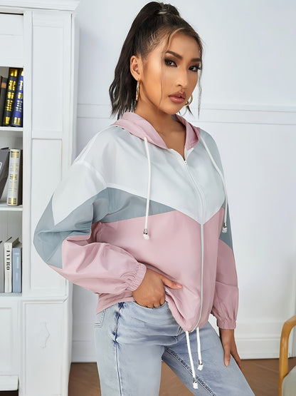 Fashionable dropped-shoulder hooded color-block sun-protective jacket with zipper and drawstring