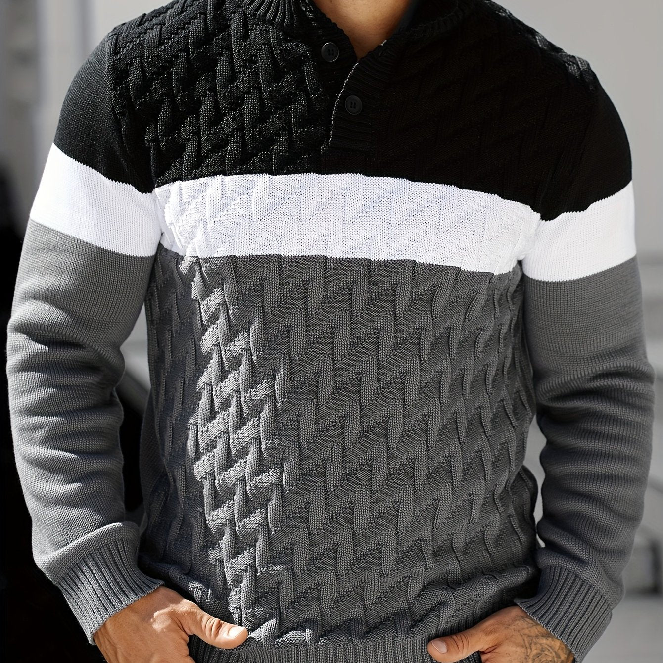 Men'S Stand Collar Pullover | Casual Fashion Quarter Button Stitching Knitwear with Geometric Pattern, Long Sleeve, Regular Fit for Fall/Winter - ayq