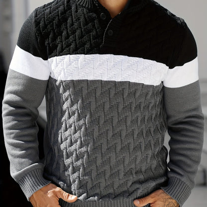 Men'S Stand Collar Pullover | Casual Fashion Quarter Button Stitching Knitwear with Geometric Pattern, Long Sleeve, Regular Fit for Fall/Winter - ayq