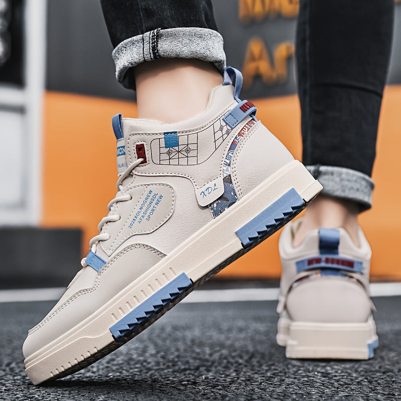 Men's Skate Shoes with Good Grip  Breathable Design - PU Upper, Cushioned PVC Sole, Black/Blue Letter Pattern Lace-Up Sneakers for All-Season Casual  Sports Wear, Allseason Shoes   Modern Casual Shoes   Comfortable Wear