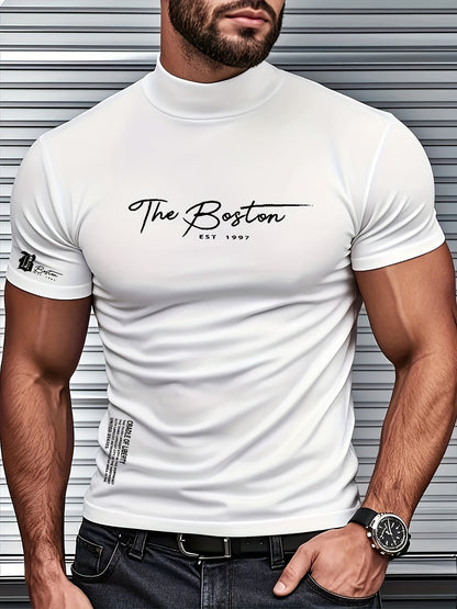 Men's Slim Fit Breathable Moisture-Wicking Short Sleeve T-Shirt - Lightweight All-Season Small Stand-Up Collar Tee with Boston Letter Print for Gym, Outdoor  Casual Wear, Active Lifestyle, Modern Design, Durable Construction