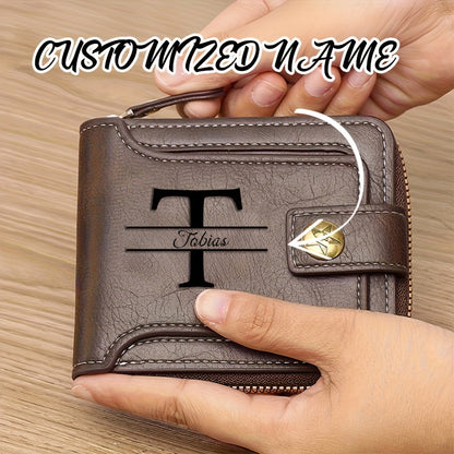 Customized Men's PU Wallet with Premium Vintage Zipper Design, Multi-Layer Coin and Card Holder, Compact Credit Slot & Coin Purse. Ideal Personal Gift for Daily Use as a Fashion Accessory