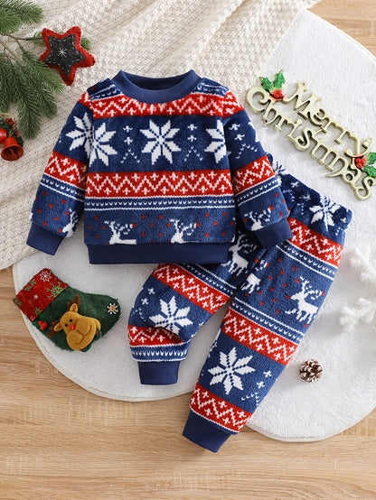 2pcs Girls' Cute Deer Print Fashionable Thick Flannel Set for Autumn/Winter, Soft and Comfortable Warm Outfit, Versatile Casual Attire with Outdoor Activities, Winter Clothing, Autumn Fashion, Stylish Kids' Wear, Playful Desi