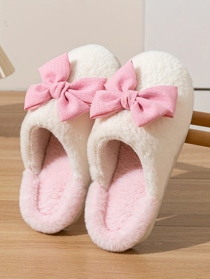 Women'S Cozy Winter Slip-On Slippers with Large Bow Detail - Soft Corduroy, Non-Slip TPR Sole, Warm Fabric Lining for Indoor Comfort, Cute Slippers
