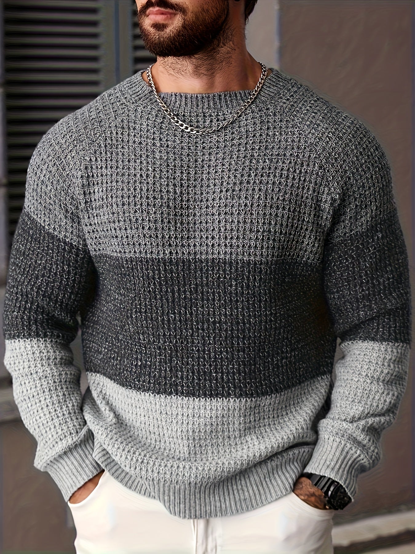Men's Autumn and Winter Color Block Knit Sweater, Crew Neck Pullover