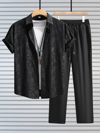 Men's Outfit, Casual Floral Graphic Print Lapel Short Sleeve Button Up Shirt & Drawstring Pants 2-piece Set For Outdoor Activities