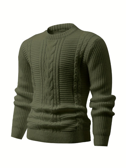 Men's Solid Color Ribbed Knit Sweater - High Elasticity Round Neck Long Sleeve, All-Season Comfort, Regular Fit Casual & Formal Wear, Easy Care Hand Wash/Dry Clean, Comfortable Fashion, Textured Fashion, Highelasticity Fabric