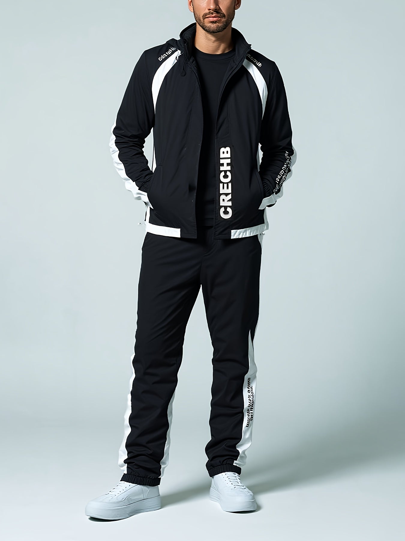 Unisex Spring Fall Tracksuit Set with Zip Jacket and Stripe Pants