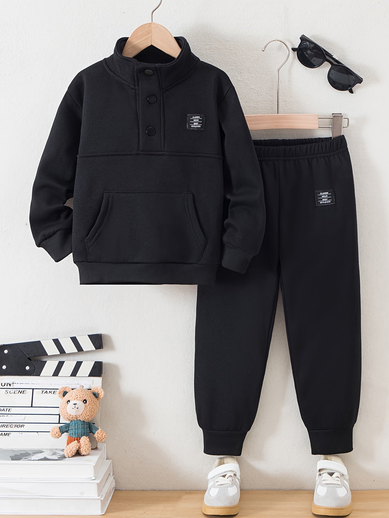 Boys' Cozy Fleece-Lined Hoodie & Sweatpants Set - Olive Green Casual Winter Outfit with Pockets, Thick Warmth for Fall & Winter, Regular Fit, Casual Attire, for Outdoor