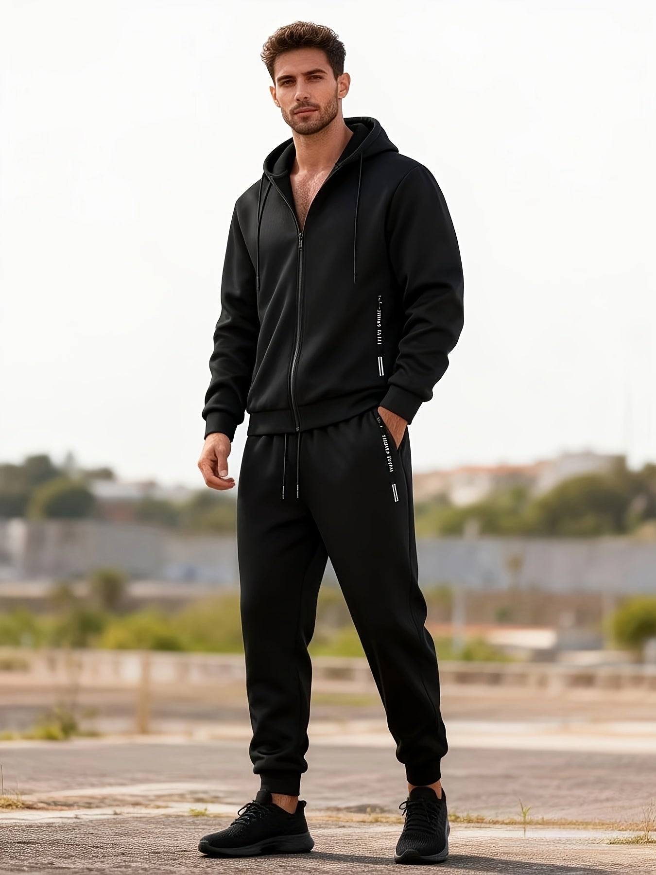 2pcs Men's Spring/autumn Set, Regular Fit Cardigan Sweatshirt with Zip-up Hoodie and Long Pants, Casual Sportswear - ayq