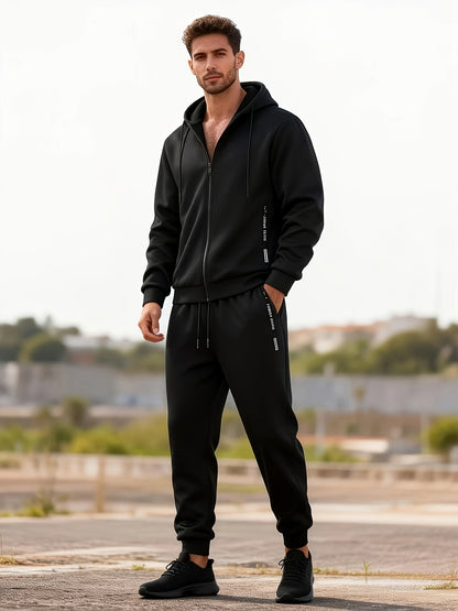 2pcs Men's Spring/autumn Set, Regular Fit Cardigan Sweatshirt with Zip-up Hoodie and Long Pants, Casual Sportswear - ayq