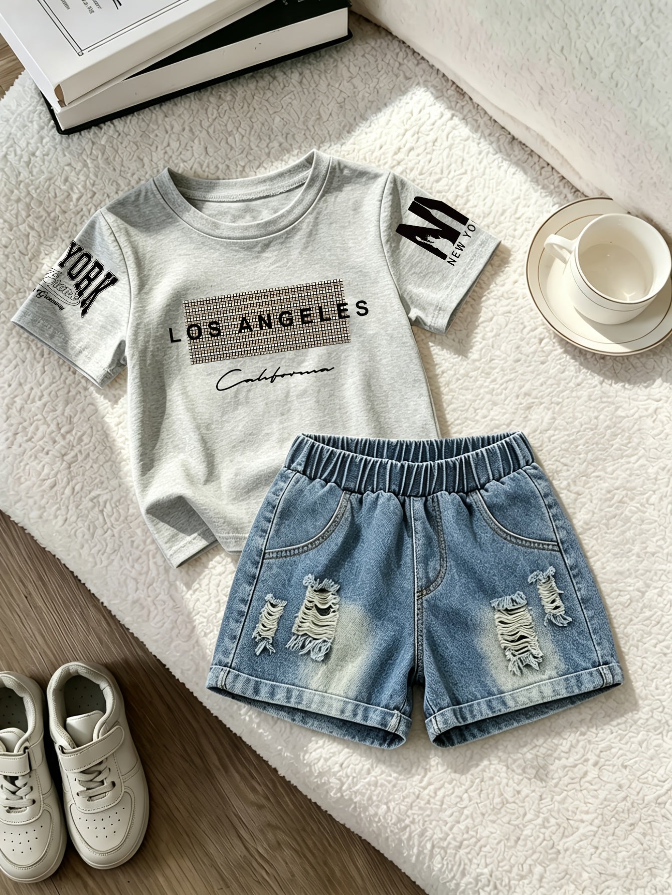 Summer Boys Los Angeles Print T-Shirt & Distressed Shorts Set