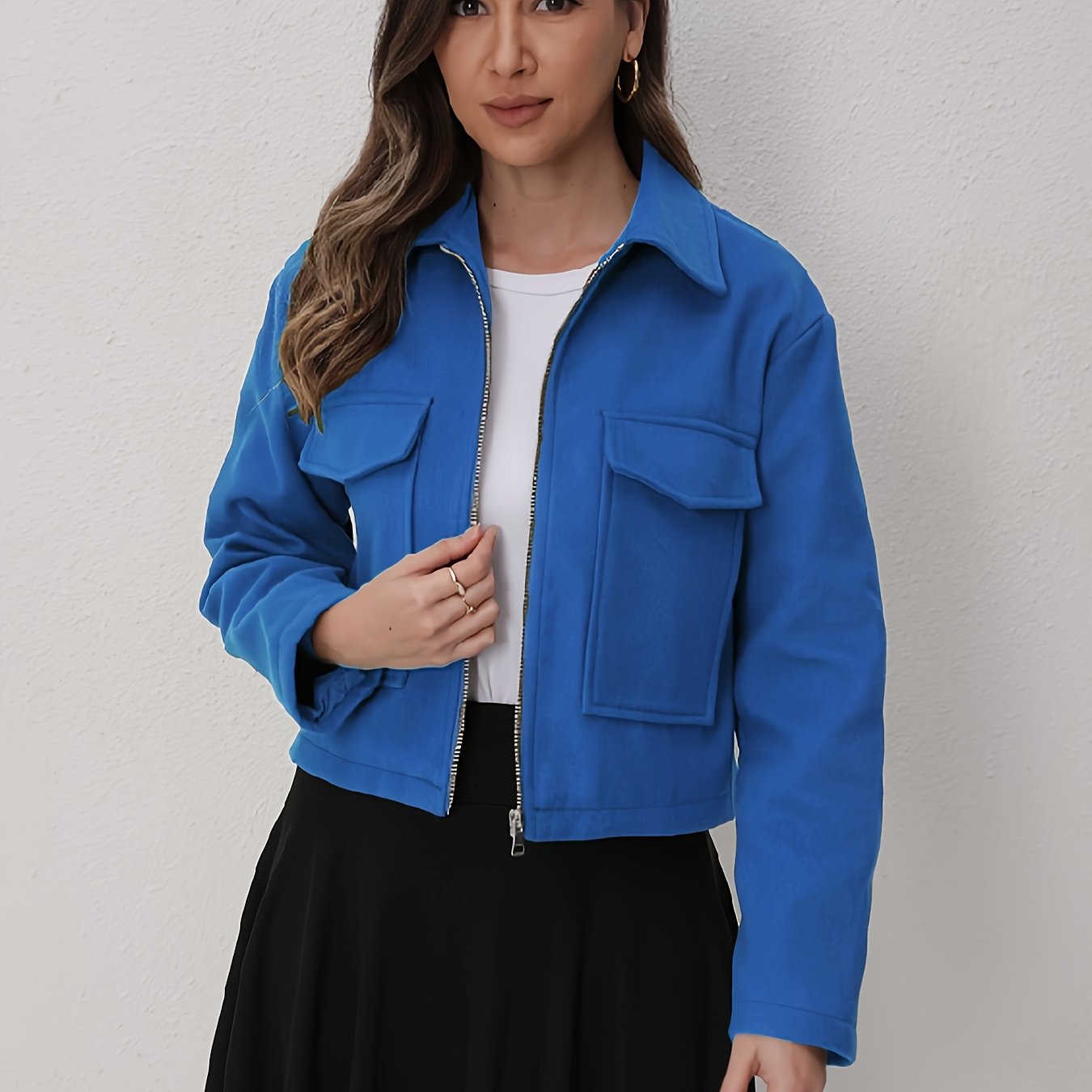 Women'S Solid Color Long Sleeve Zip-Up Jacket - Black, Casual Fall/Winter Outerwear with Pockets, Button-Up Front, and Flap Pockets, Casual Outerwear | Buttonup Jacket | Zippered Jacket, Winter Coat Women, Coat Women Winter,