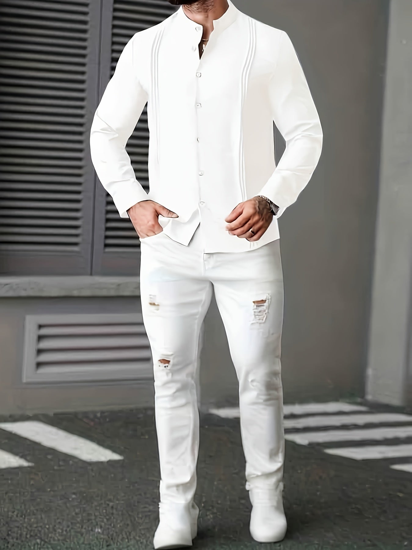 Men's Casual Stand Collar Long Sleeve Solid Color Shirt