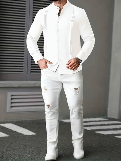 Men's Casual Stand Collar Long Sleeve Solid Color Shirt