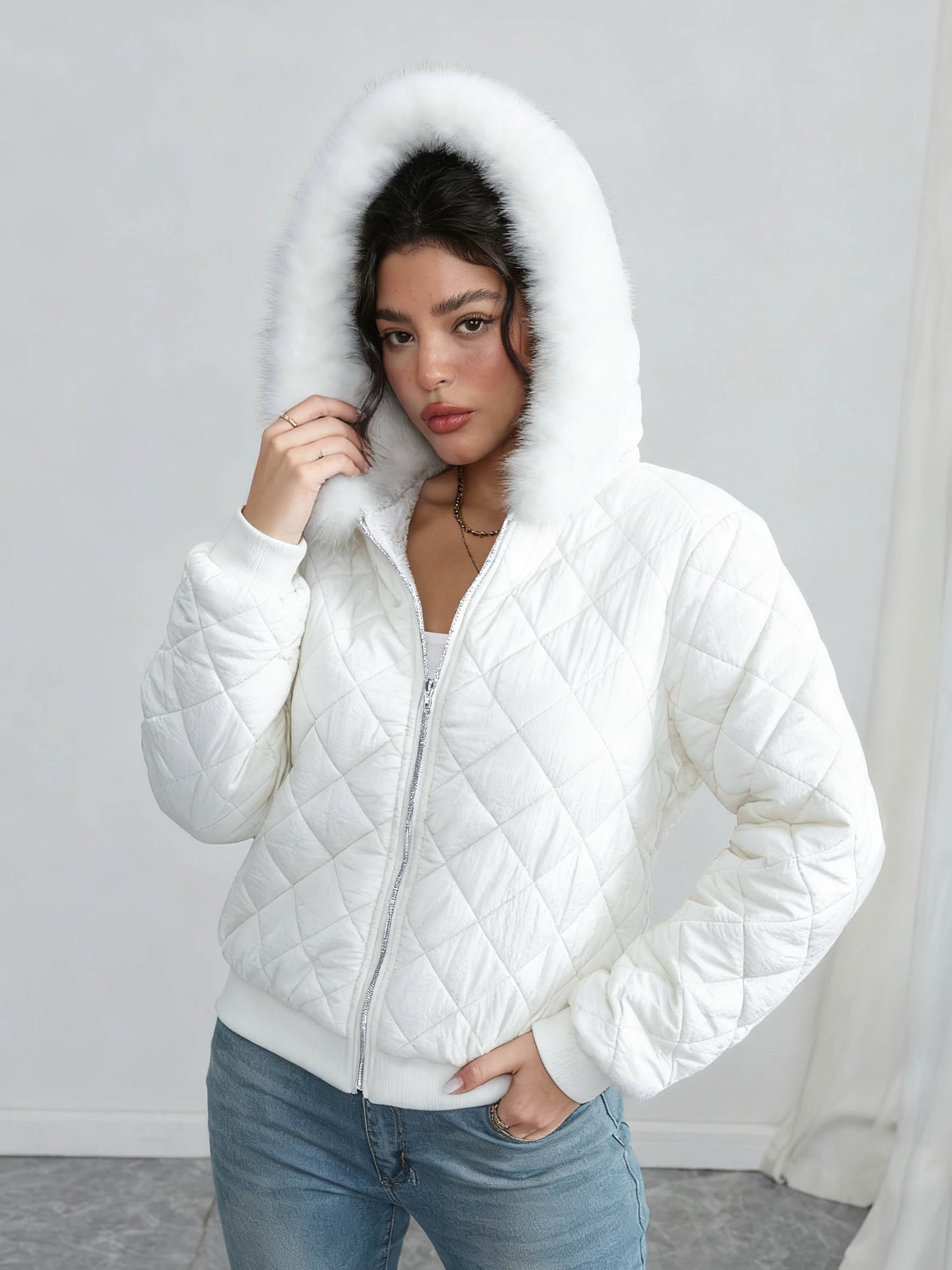 Women'S Cozy Fleece-Lined Hooded Jacket - Casual Long Sleeve, Solid Color, Regular Fit, Long Sleeve, Zip-Up, Casual Style, Casual Outerwear, Winter Jacket