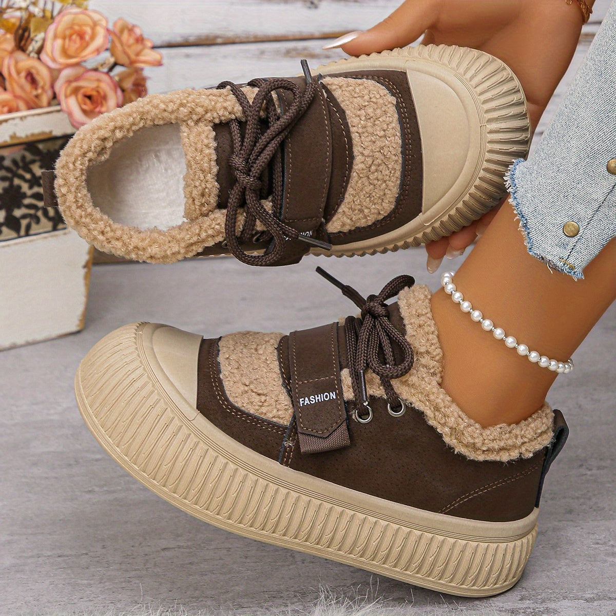 Women's Winter Plush Fleece-Lined Thermal Shoes - Upper & Rubber Sole Low-Top Ankle Boots with Faux Fur Collar, Brown/Beige/ Traction Tread for Cold Weather, Casual & Semi-Formal Outfits - Cozy Warm Winter Boots with Fleece L