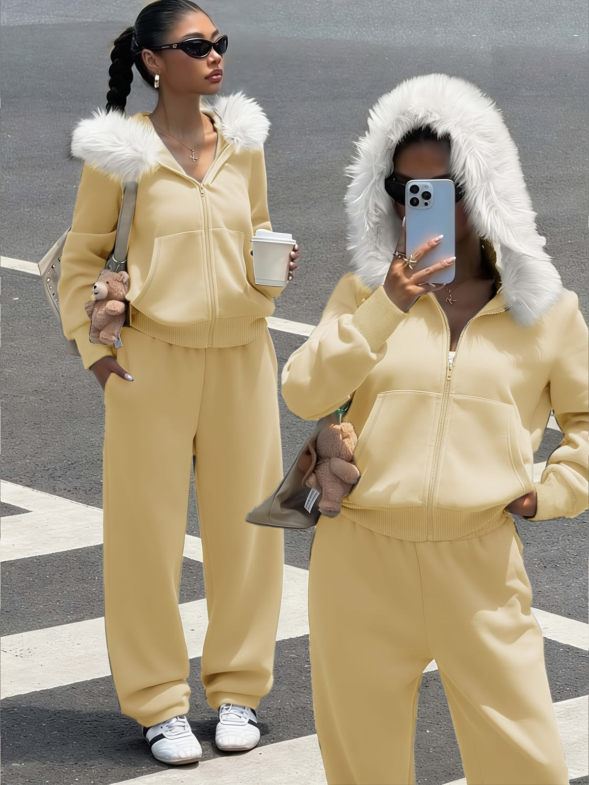 Women's Casual Polyester Hoodie & Wide-Leg Pants Set - ayq