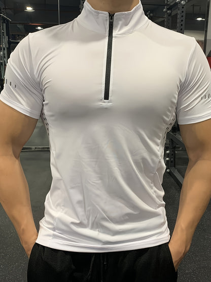 Men's Summer Quick-Dry High Neck T-Shirt - Moisture-Wicking Stretch Fabric, Slim Fit Athletic Top for Gym, Running  Training - Solid Color Breathable Workout Shirt, Gym Clothes