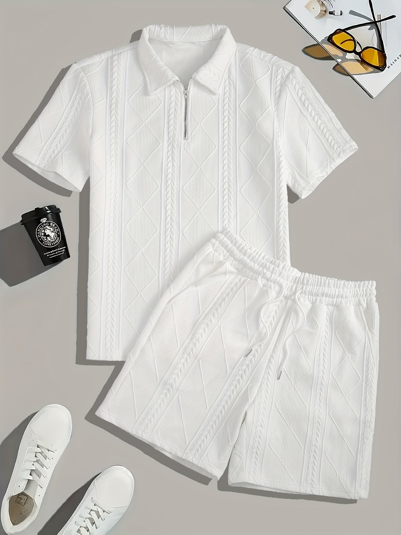 Men's Suit Short Sleeve Shorts Jacquard Casual Zipper Fashion Summer Outerwear Two Piece Set
