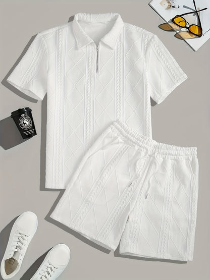 Men's Suit Short Sleeve Shorts Jacquard Casual Zipper Fashion Summer Outerwear Two Piece Set
