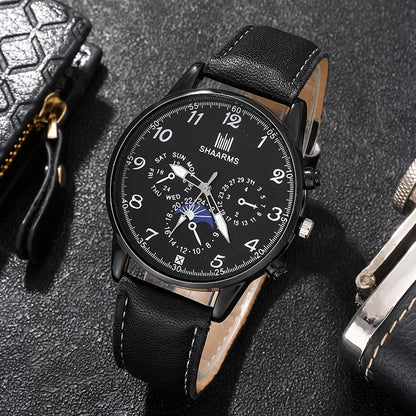 Stylish Men's 3pcs Set: Quartz Watch, Glasses & Wallet - Faux Leather Strap, Alloy Case, Digital Dial - Perfect for Gifts & Casual Attire