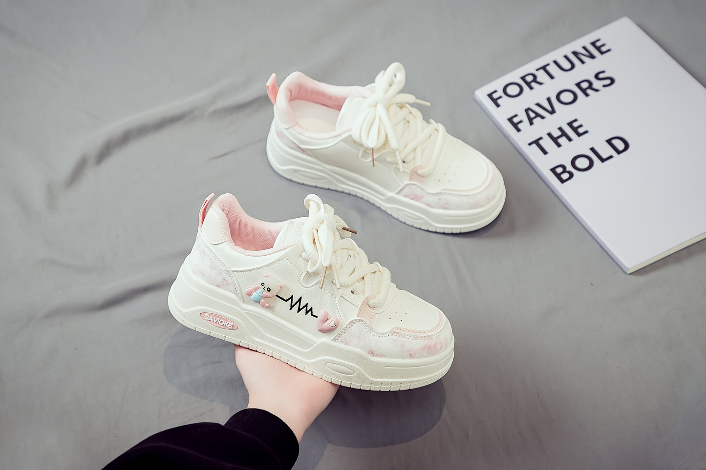 Women's White Mid-Top Sneakers with Bear  Heart Stripes Design - PU Cover  Upper, Thick Cushioned PVC Sole - Trendy Casual Shoes for All-Season Comfort