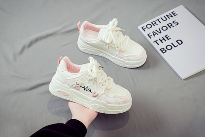 Women's White Mid-Top Sneakers with Bear  Heart Stripes Design - PU Cover  Upper, Thick Cushioned PVC Sole - Trendy Casual Shoes for All-Season Comfort
