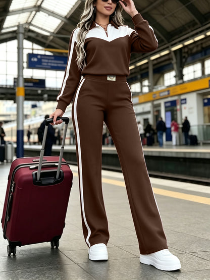 Women's Casual Two-Piece Set with White-Trim Lapel Collar and Wide-Leg