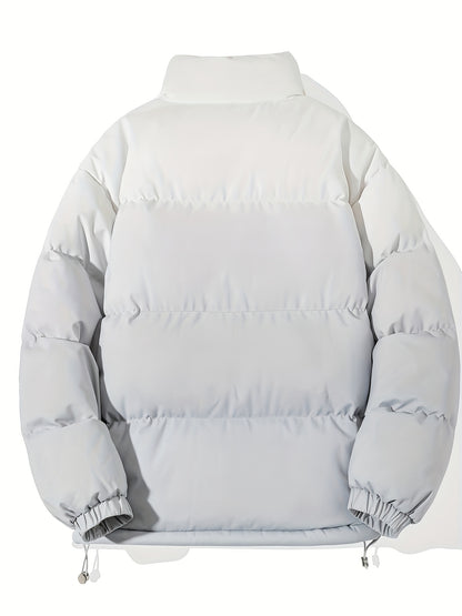 1pc Men'S Street Style Stand Collar Coat, Alphabet Print, Regular Fit, Drawstring Detail, Non-Stretch Woven Polyester, 100% Polyester Filler, Long Sleeve Casual Warm Gradient Jacket for Autumn and Winter