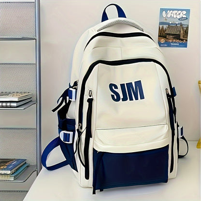Stylish Unisex Nylon Backpack - Durable Casual Travel  School Bag with Adjustable Straps, White  Blue Design, Lightweight and Spacious for Everyday Use, School Backpack   Contrast Strap Design   Polyester Lined, Travel Back