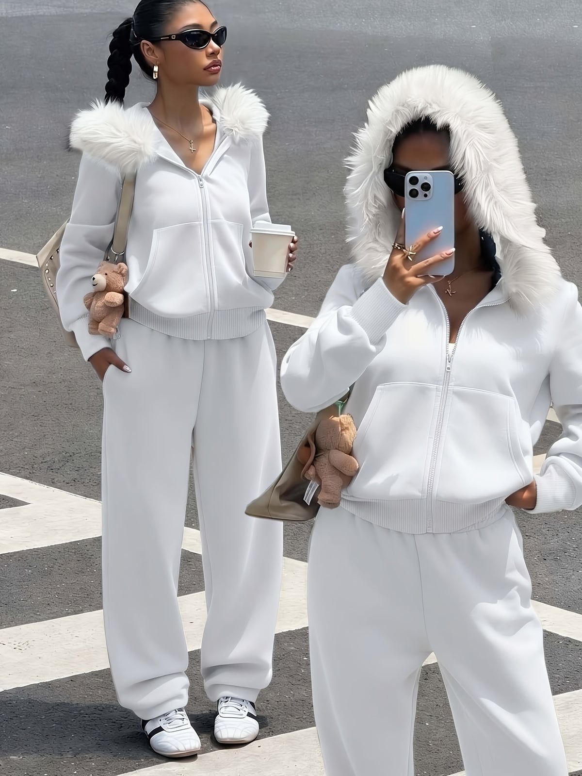 Women's Casual Polyester Hoodie & Wide-Leg Pants Set - ayq