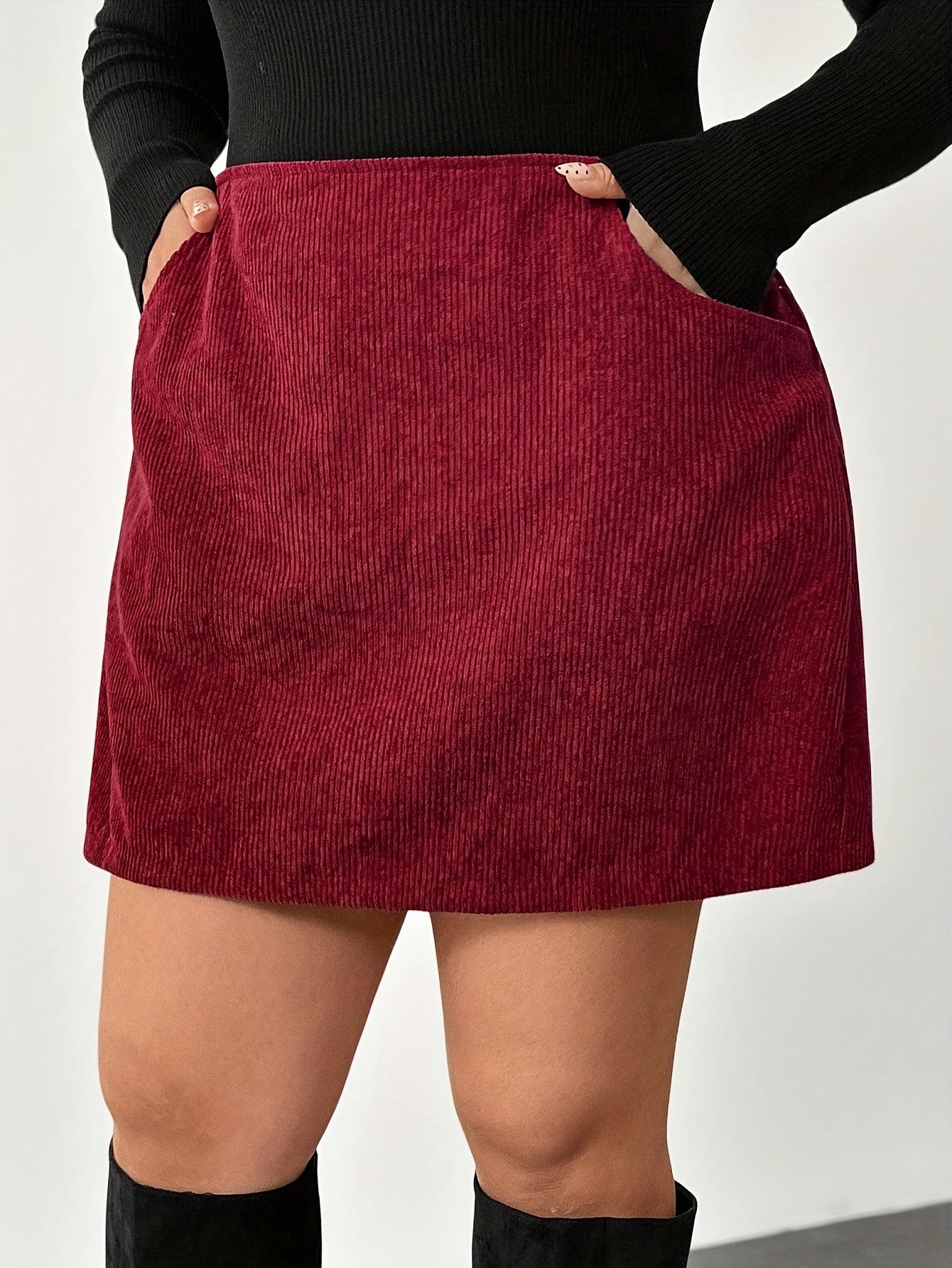 Plus Size, Burgundy All-Season A-Line Skirt with Double Pockets - Elegant Short to Midi Length, Pocketed Waist for Casual, Office & Vacation Wear - Plus Size Friendly Tailored Fit (No-Stretch Fabric)