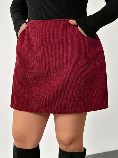 Plus Size, Burgundy All-Season A-Line Skirt with Double Pockets - Elegant Short to Midi Length, Pocketed Waist for Casual, Office & Vacation Wear - Plus Size Friendly Tailored Fit (No-Stretch Fabric)