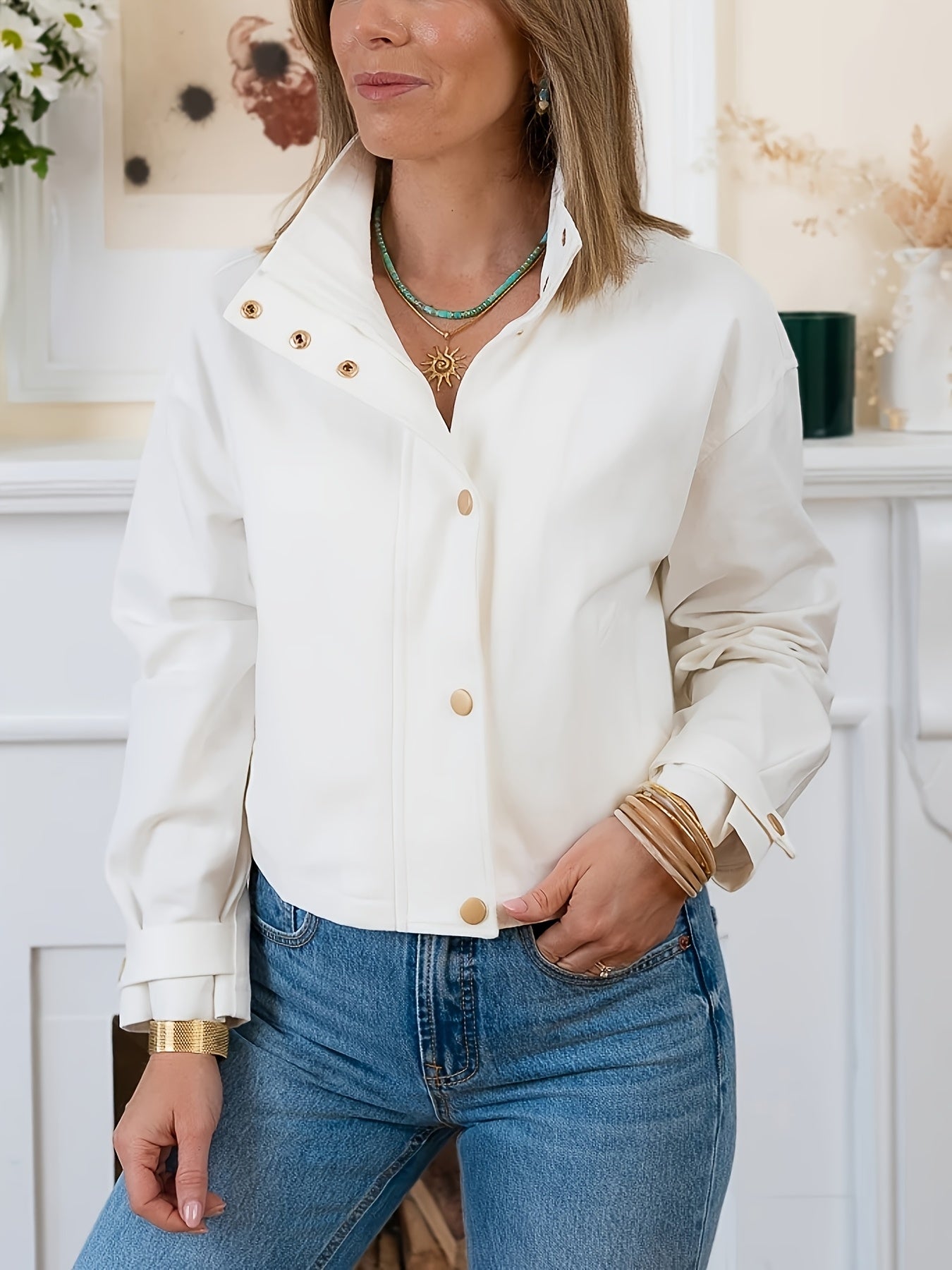 Women'S Chic Blazer Jacket - Elegant White Button-Front Coat, All-Season Office & Everyday Outerwear for Women, Professional Casual Outerwear with Button Closure, Versatile Layering, Classic Design, Durable Fabric, Stylish Co