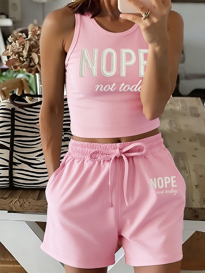 Casual Printed Vest and Shorts Set with Drawstring Pockets