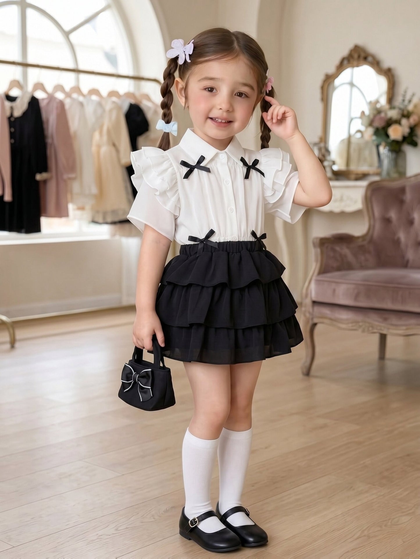 Girls' Summer Preppy Outfit with Bow Shirt & Layered Skirt