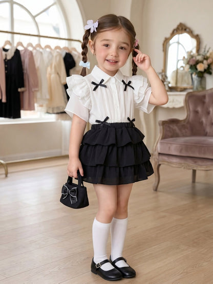 Girls' Summer Preppy Outfit with Bow Shirt & Layered Skirt