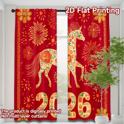 2D Flat, 2pcs, 2D Flat Printing New Year atmosphere curtains Festive Horse 2026 Celebration, Polyester, for Bedroom, Study, Living Room, Balcony, Office, Dormitory, Home Decoration, (rod free), 2D Flat, Celebration Setup, Sea