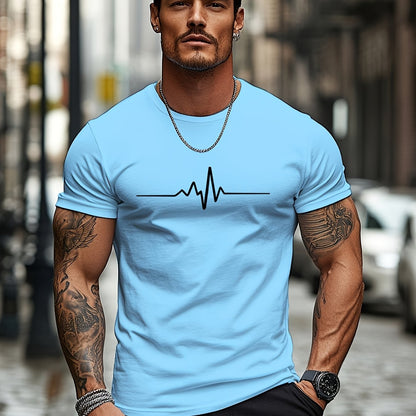 Men'S Brown T-Shirt with ECG Heartbeat Graphic - Casual Streetwear, Short Sleeve, Round Neck, Stretch Fabric, All-Season Comfort, Casual Streetwear Tee   Round Neck Tshirt   Comfortable Fit