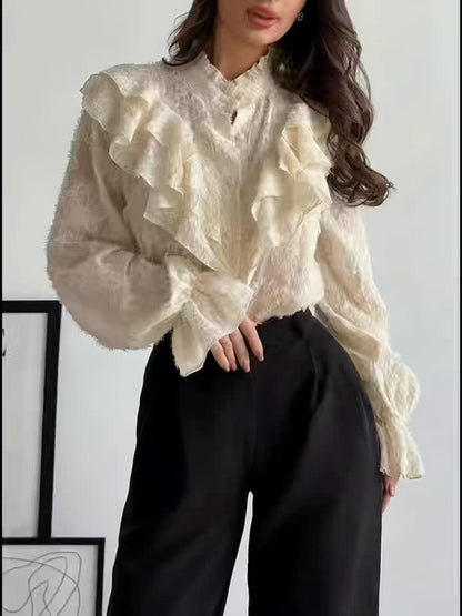 Women's Elegant and Romantic Retro Court Style Stand Collar Pleated Textured Button Flared Sleeve Apricot Shirt, Autumn Collection