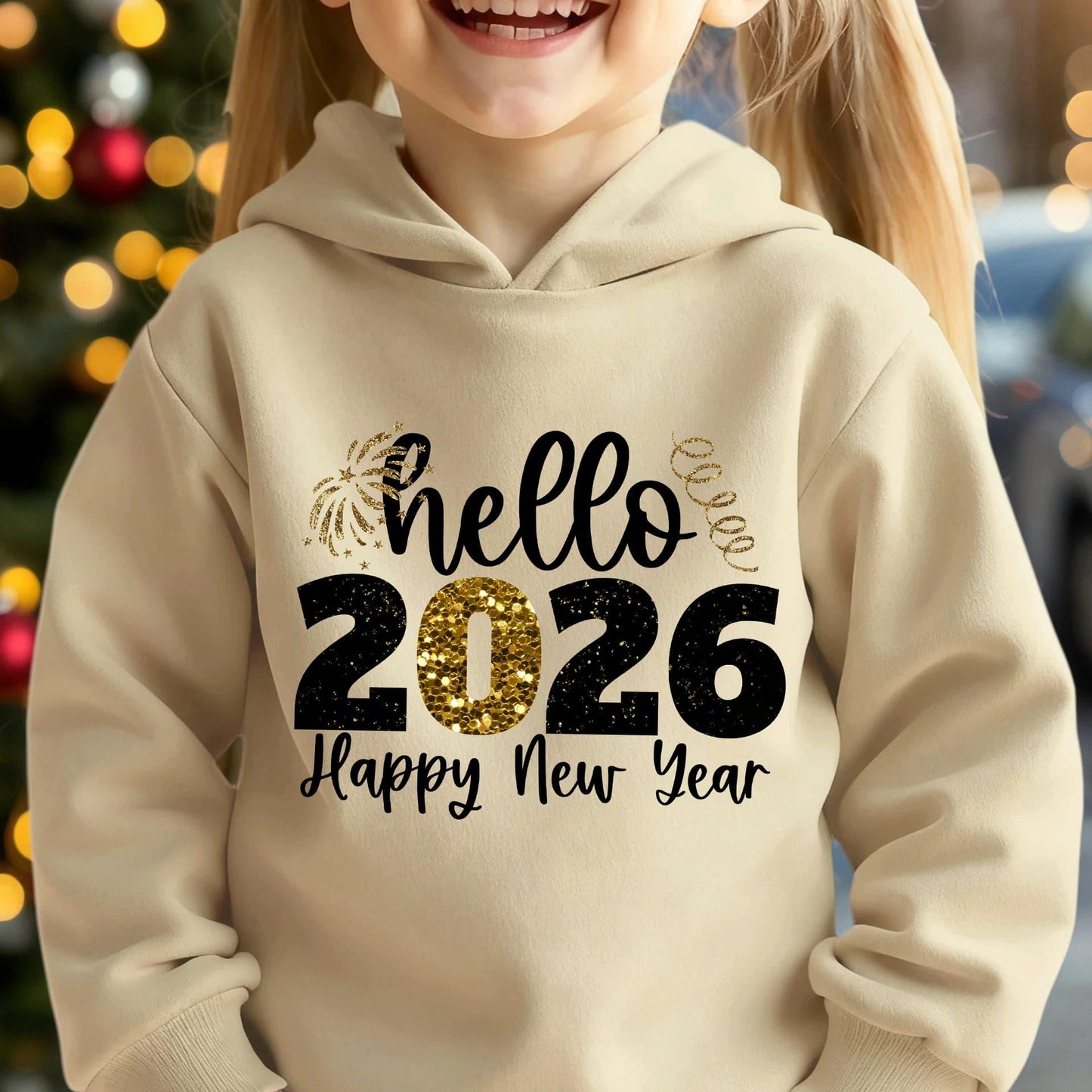 Girls' 2026 New Year'S Hooded Sweatshirt - Hello 2026 Happy New Year Lettering, Mint Green with Golden Glitter Accent, Cozy Fleece Pullover for Christmas & New Year, Winter Casual Wear, Christmas Sweatshirt, Festive Clothing,