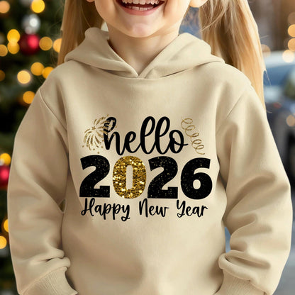 Girls' 2026 New Year'S Hooded Sweatshirt - Hello 2026 Happy New Year Lettering, Mint Green with Golden Glitter Accent, Cozy Fleece Pullover for Christmas & New Year, Winter Casual Wear, Christmas Sweatshirt, Festive Clothing,