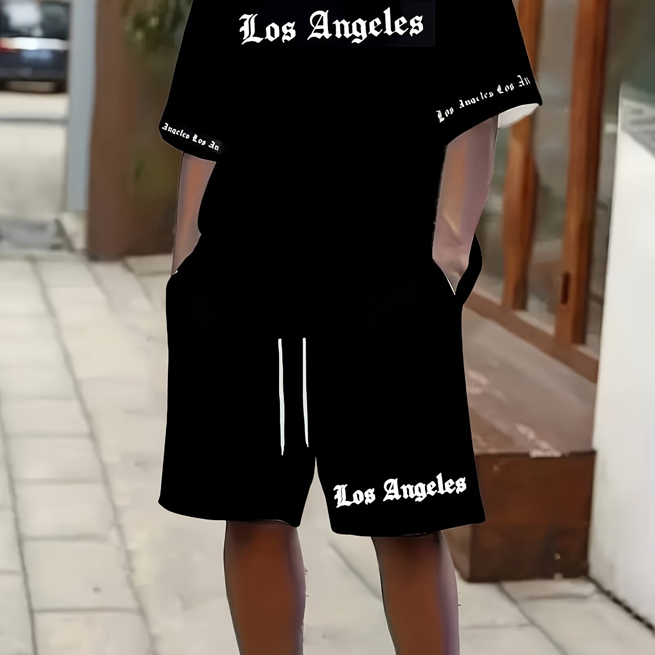 Los Angeles English Pattern Men's Short Sleeve Shirt + Casual Sport Set, Breathable Soft Summer Outfit with Pocketed Shirt and Drawstring Shorts