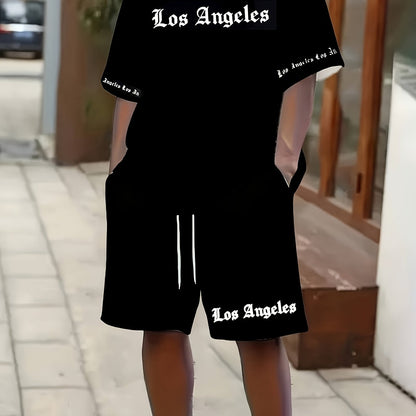 Los Angeles English Pattern Men's Short Sleeve Shirt + Casual Sport Set, Breathable Soft Summer Outfit with Pocketed Shirt and Drawstring Shorts