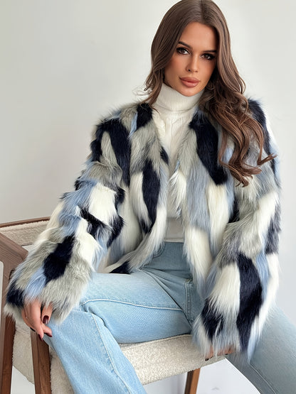 Women's Elegant Tie-Dye Faux Fur Coat - Plush Warm Winter Outerwear with Blue Black White Grey Pattern, Machine Washable Fall Winter Fashion Coat for Casual & Formal Outfits, Winter Coat, Open Front Design, Soft Texture