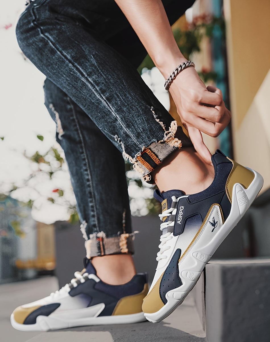 Men's Breathable Low-Top Casual Sneakers - Sporty Lace-Up Walking Shoes with Navy/White/Golden Accents, All-Season Outdoor  Everyday Comfort, Durable Fabric Upper  PVC Sole, Comfortable Footwear, Sleek Shoe Design, Lightwei