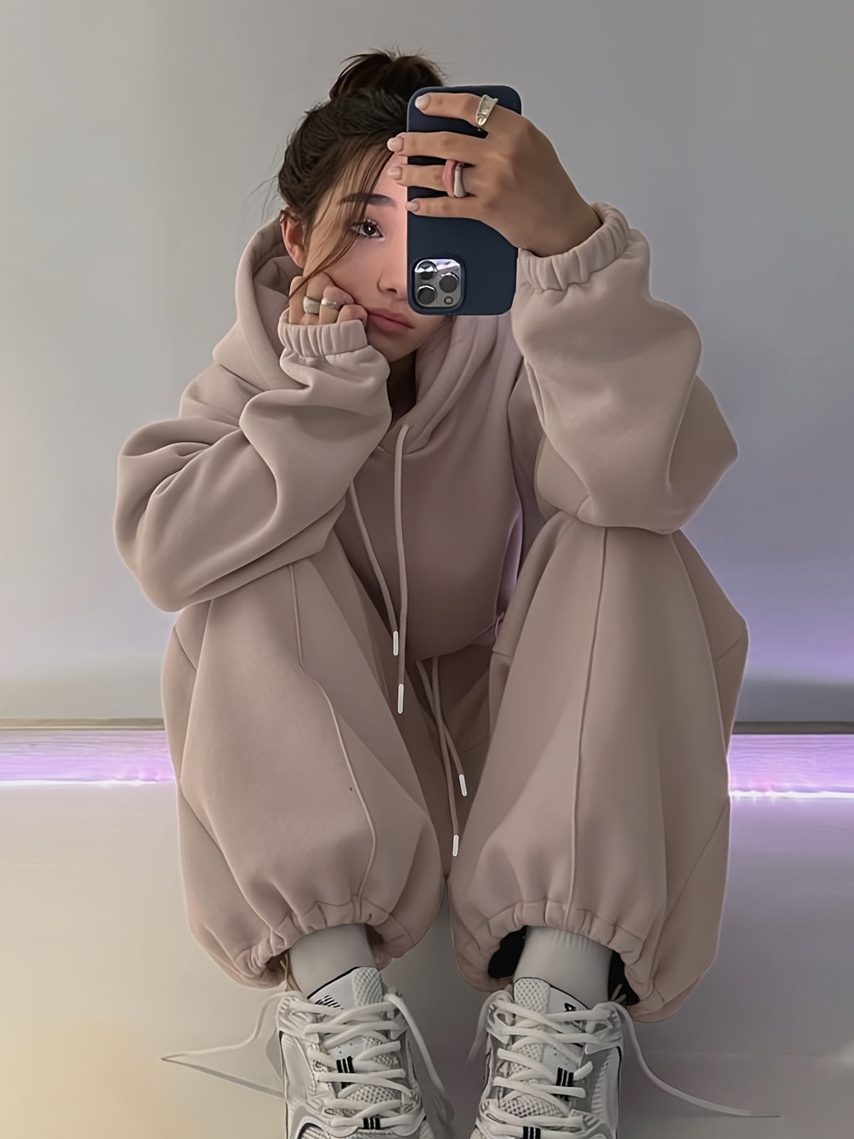 Women's Casual Fall/Winter Solid Color Hoodie & Elastic Waist Pants Se - ayq