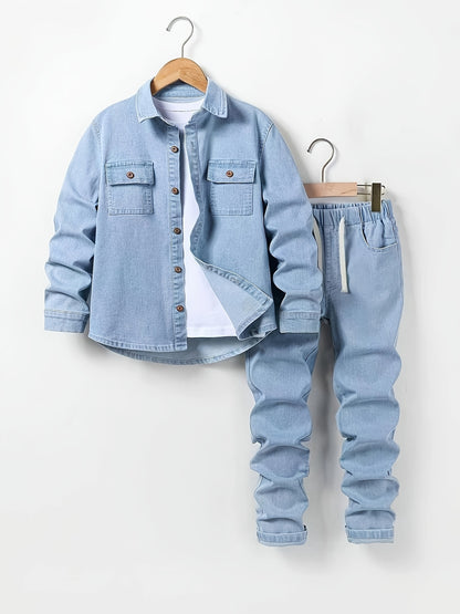 Light Blue Casual Trousers Set for Teen Boys with Elastic Waistband